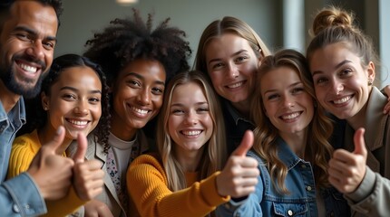 A diverse group of young adults smiling and giving thumbs up, showcasing friendship and joy.