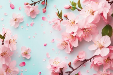 Fototapeta premium Pink cherry blossoms scattered on a light blue background.