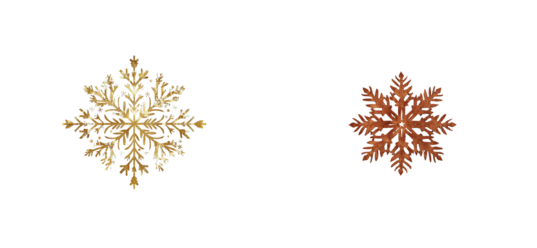 Two Elegant Snowflakes in Gold and Copper tones, cut out transparent