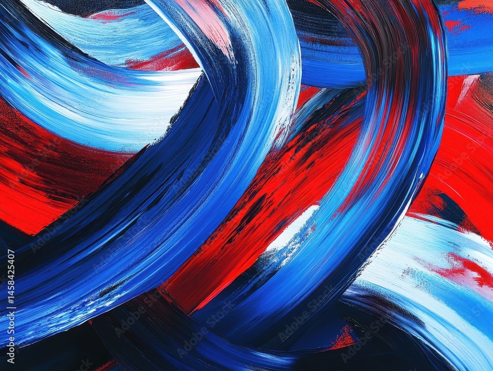 Poster dynamic strokes: an abstract painting features vibrant strokes of red, white and blue, creating a se