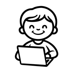 Happy child using laptop in a simple line art style  