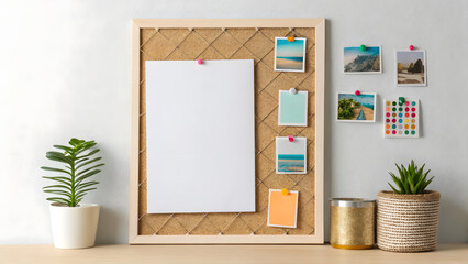 Mockup of empty poster or notice on decorative cork wall board surrounded by potted houseplants