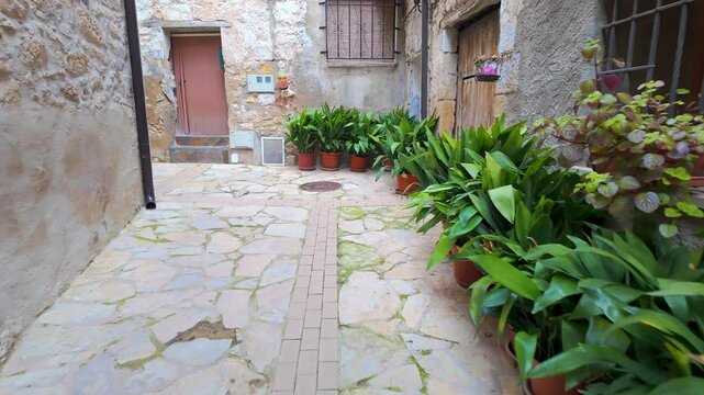 Picturesque streets with potted green plants on the doors of the houses, Beceite, Teruel, Spain.