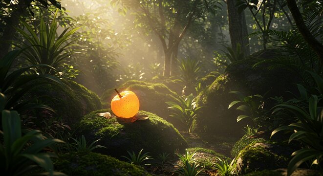 Glowing Tinde Fruit in Enchanted Jungle with Light Rays