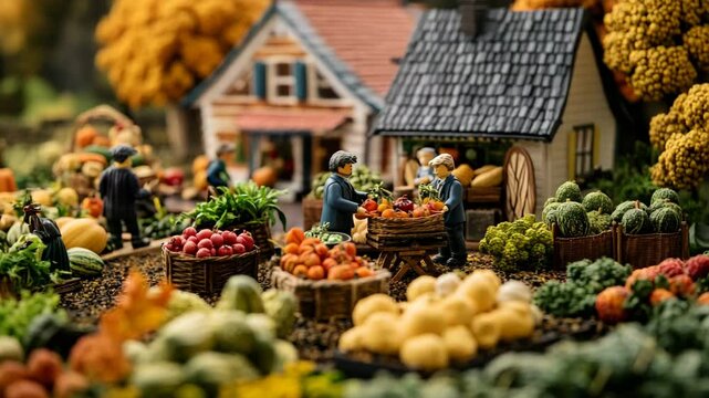 Miniature Harvest Market: A whimsical miniature model of a harvest market scene captures the warmth and bounty of autumn, with miniature figures bustling about their daily tasks.  
