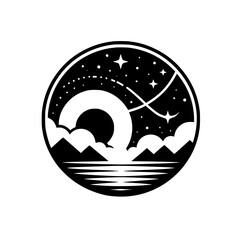 Celestial Circle: Minimalist Night Sky and Landscape Emblem
