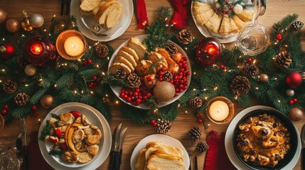 Festive holiday meal arrangement on a wooden table.
