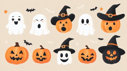 Naklejka premium Cute cartoon halloween faces with ghosts pumpkins witch hat and pastel beige background for playful spooky clipart and themed festive illustration usage in holiday designs, 