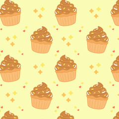 Flat style seamless pattern with chocolate cupcakes and frosting. Cartoon dessert repeat on light yellow background for children’s designs, celebration packaging, bakery and party decorations.