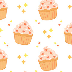 Seamless pattern with cute pink cupcakes and red heart sprinkles in flat cartoon style. Fun dessert repeat on white background. 