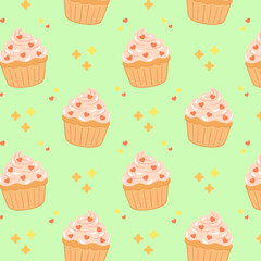 Flat style seamless pattern with pink cupcakes and red heart sprinkles. Cartoon dessert repeat on pastel green background for love-themed wrapping, kids products, celebration and sweet food designs.