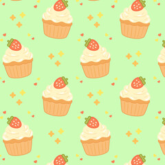 Flat style seamless pattern with strawberry cupcakes and cream. Cute cartoon dessert repeat on pastel green background for bakery wrapping, kids products, summer celebration and sweet decorations.