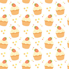 Seamless pattern with cute strawberry cupcakes and cream topping in flat cartoon style. Fun dessert repeat on clean white background. 