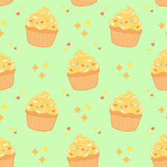 Seamless pattern with cute yellow cupcakes and colorful sprinkles in flat cartoon style. Fun dessert repeat on pastel green background. 