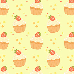 Seamless pattern with cute strawberry cupcakes and cream topping in flat cartoon style. Fun dessert repeat on pastel yellow background. 