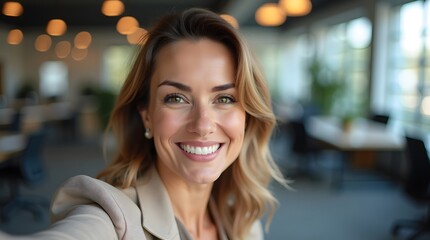 Smiling Caucasian woman in a modern office setting, radiating confidence and positivity.