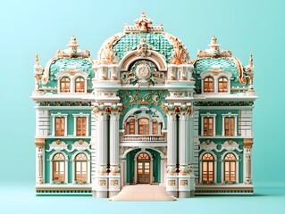 Obraz premium An elaborately designed building with ornate turquoise and gold detailing showcases intricate architectural elegance against a calming pastel background color.