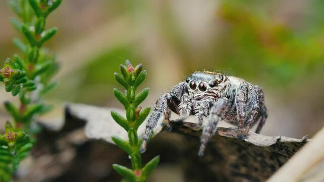 Macro View of a Jumping Spider with Big Eyes in the Sunlit Woods