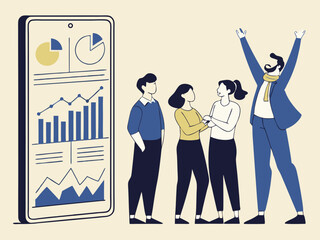 Team celebrating success with data dashboard