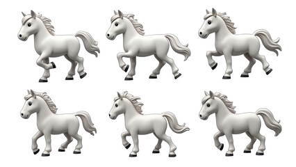 Six White Horses 3D Rendered Horse Animation Clipart isolated on transparent background
