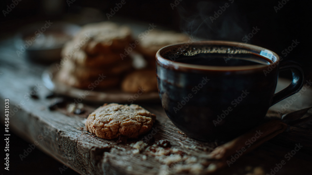 Poster java and fresh cookies stay on a rustic wooden table.