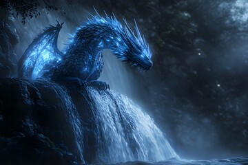 Fototapeta premium A blue dragon perched on a rock formation with a waterfall in a dark and mysterious environment