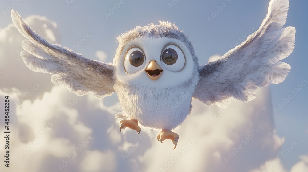 Poster joyful animated owl soaring through fluffy clouds.