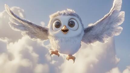 Joyful animated owl soaring through fluffy clouds.