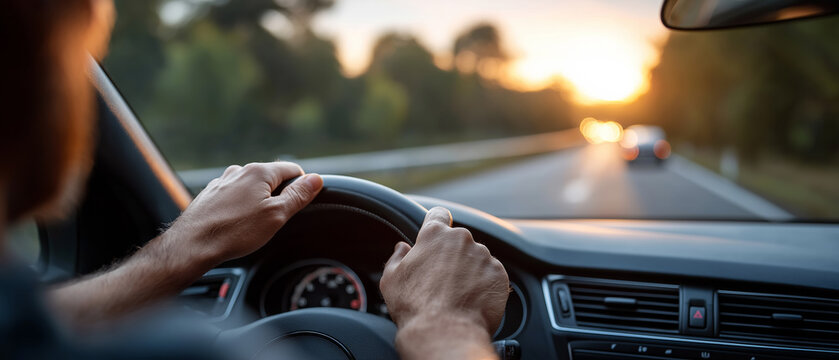 Driving a car on a scenic road during sunset with hands gripping the steering wheel