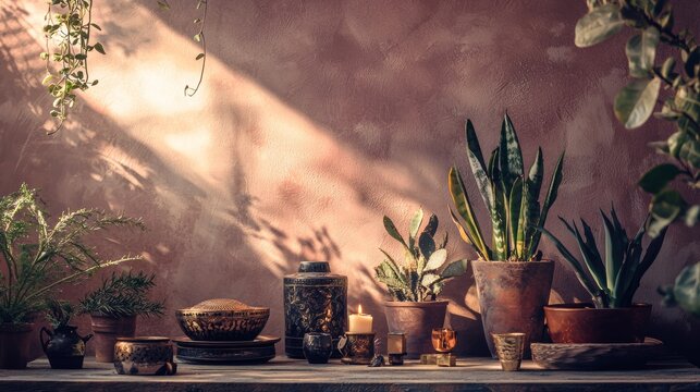 Rustic shelf with potted plants clay jars shadow wall boho home interior vintage natural