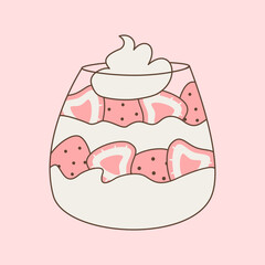 Cute hand drawn cartoon vector illustration with glass with strawberry with whipped cream on pink background