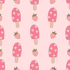 cute hand drawn funny cartoon ice cream with strawberry colorful seamless vector pattern illustration on pink background