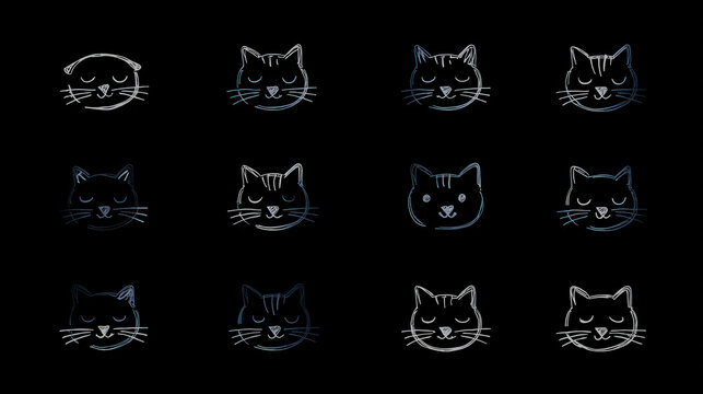 Kat doodle icon ready featuring simple, outlined cat faces in minimalist design.