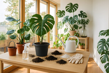 Sunlit Indoor Gardening Scene with Transparent Spray Bottle and White Watering Can