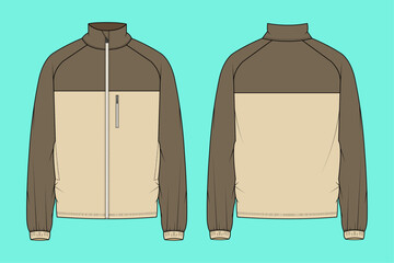 Raglan sleeve funnel neck outerwear Jacket fashion flat sketch vector illustration template outline CAD mockup front and back views.