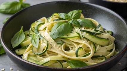 zucchini and basil pasta served in dark bowl