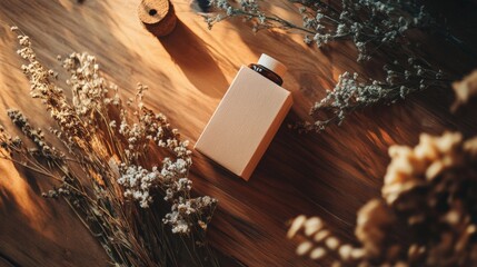 Obraz premium Cardboard box with dry flowers rustic background branding packaging concept eco organic handmade paper