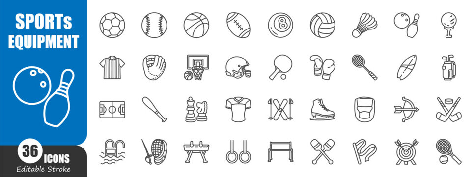 Sports equipment outline icon . Editable stroke . Vector .