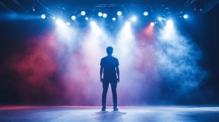 Fototapeta premium Man standing alone on stage under spotlight dramatic performance mood blue red lighting shadow