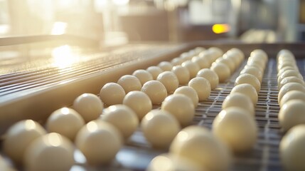 Obraz premium Creamy White Mozzarella Cheese Balls Production Line Factory Modern Dairy Industry Food Manufacturing Process Automated System 
