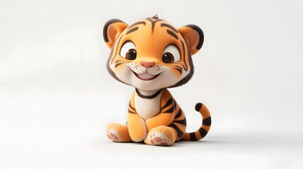Adorable cartoon tiger cub sitting in front of a plain background.