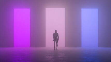 Obraz premium Silhouette figure amidst glowing panels futuristic abstract scene