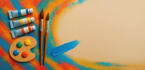 Flat lay of art supplies including paint tubes brushes and palette on beige background ideal for creative workshops and art material promotions
