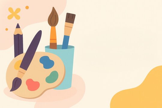Illustration of art supplies including palette brushes and paints suitable for educational content and children's creative activities