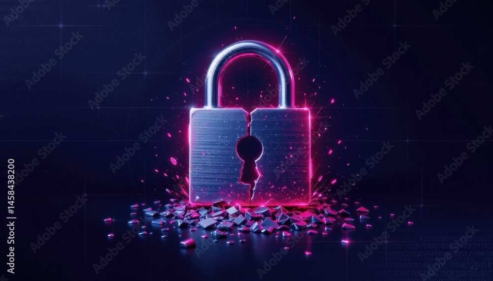 Poster digital padlock with glowing effects and data backdrop.