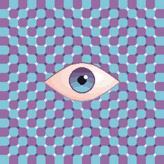 Surreal eye with optical illusion effect on hypnotic geometric background. Pixel art style illustration with psychedelic and abstract pattern. Concept of vision, perception, and visual distortion.
