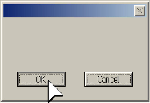 Minimalistic retro computer window interface with OK and Cancel buttons in pixel art style. A large arrow cursor clicking the OK button. Vintage 90s operating system UI elements.