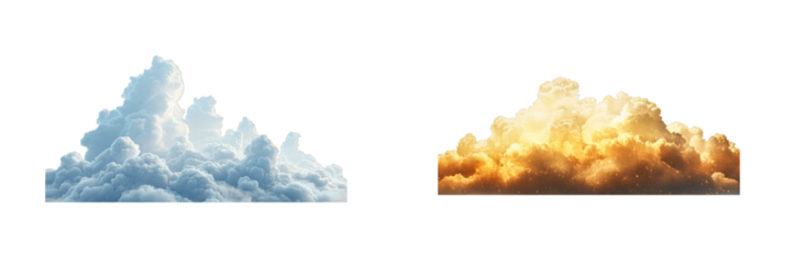 Scenic white and golden cloudscape formations, fluffy clouds, cut out transparent