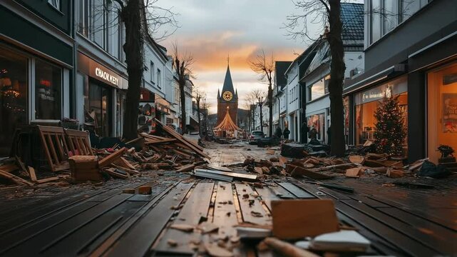 A quiet street reveals the aftermath of a storm, with debris scattered everywhere and the warm glow of dusk illuminating the clock tower. Hope and community spirit linger amidst the chaos.