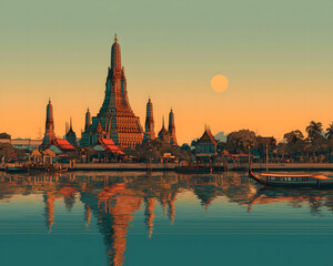 Obraz premium Scenery of Wat Arun, Bangkok, Thailand in illustrations, presentation images, travel image ideas, tourism promotion, postcards, generative AI
